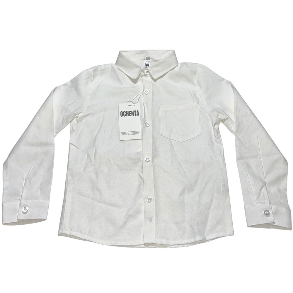 OCHENTA‎ Kids White Long Sleeve Button Down Shirt Pocket Classic Collar Size 6